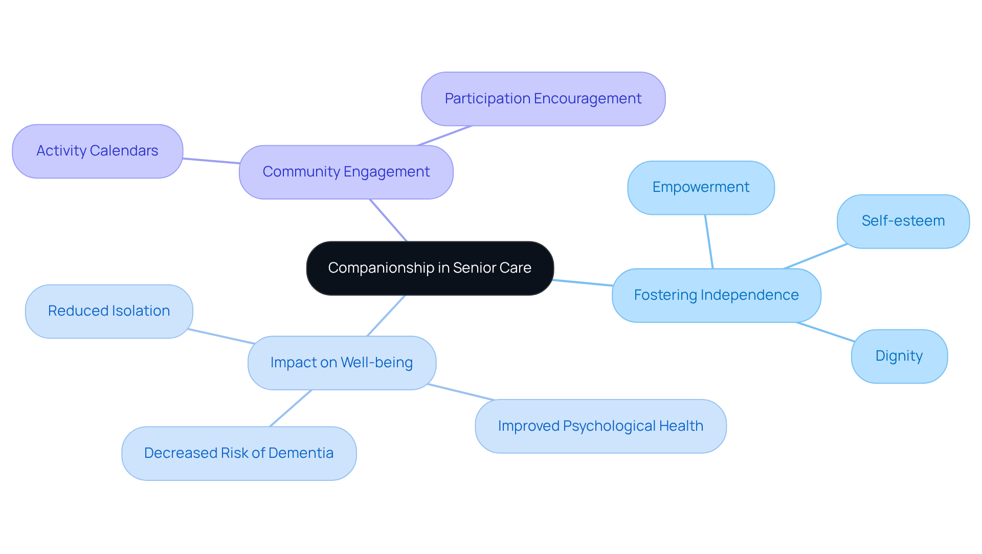 The central node represents the main theme of companionship in senior care. The branches show how it leads to independence and well-being, with further details on each aspect.