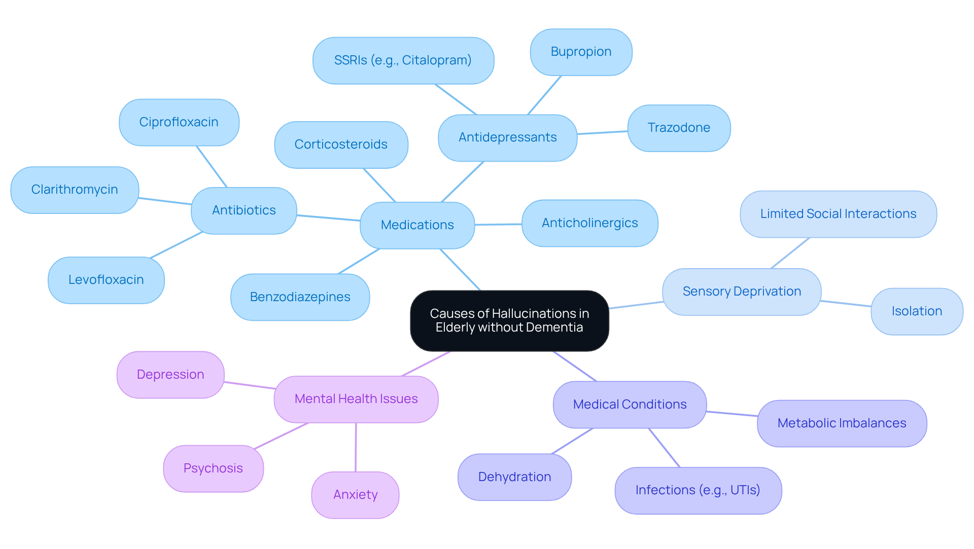 The central node represents the main topic, and each branch shows different factors contributing to hallucinations. Each color indicates a different category, helping to differentiate between the causes.