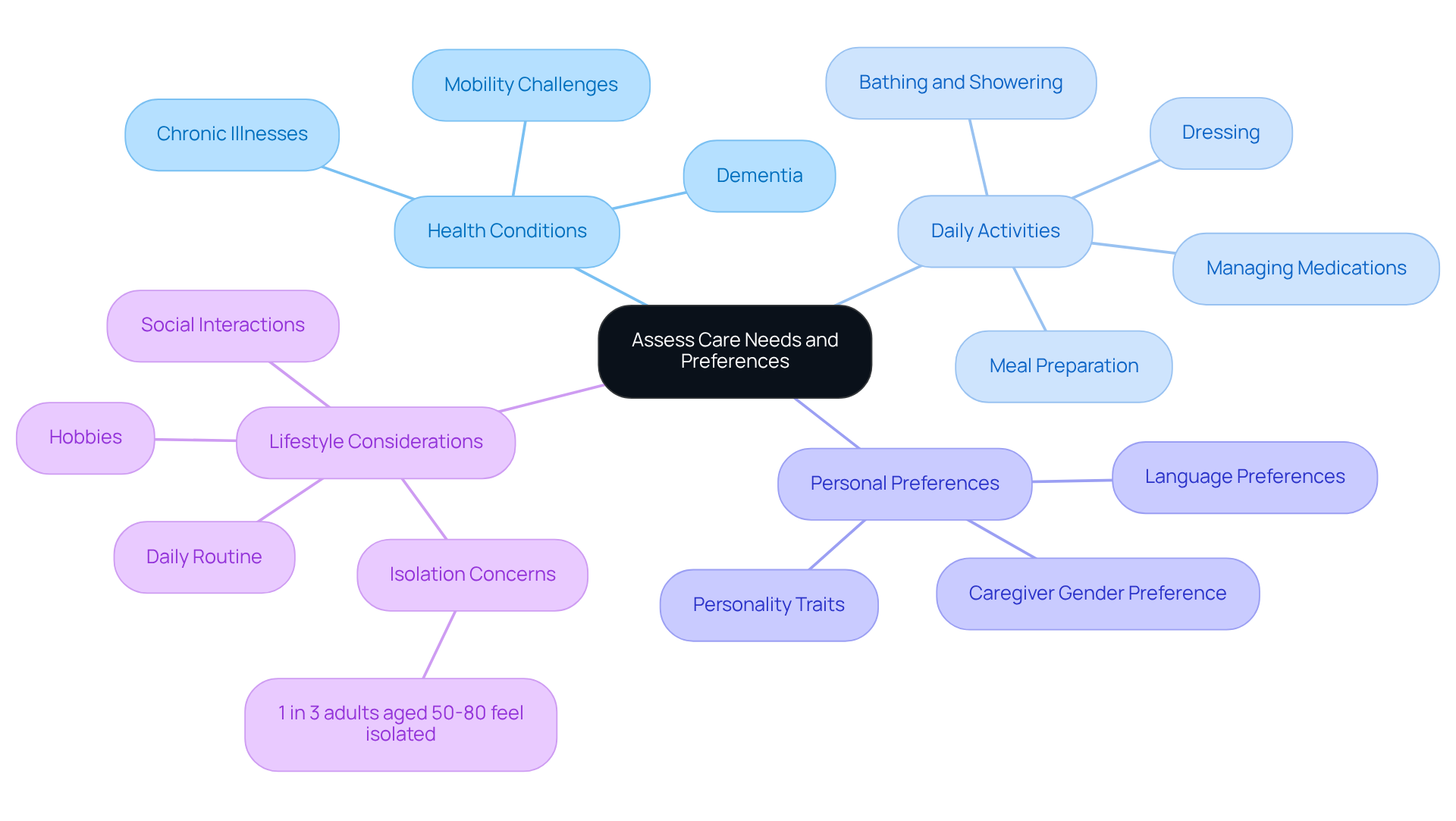 The center represents the overall goal of assessing care needs. Each branch shows a key area to consider, with further details branching out to provide specific examples and insights.