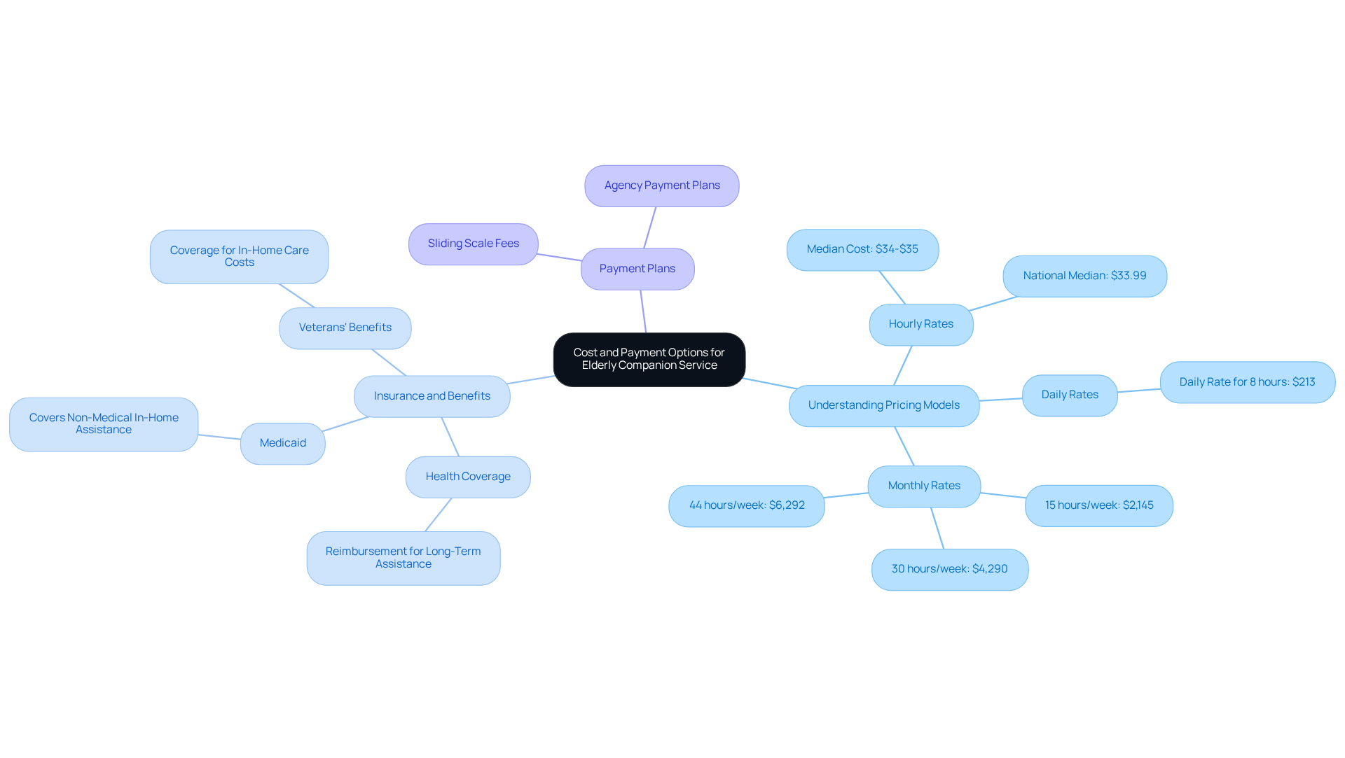 The central node represents the overall topic, while the branches show different financial aspects to consider. Each sub-branch provides specific details, helping you understand how to budget for elderly companion services.