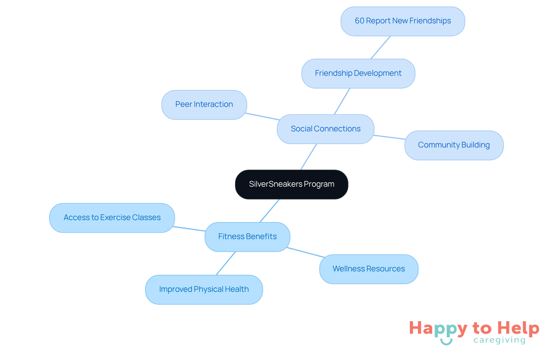 The center represents the SilverSneakers program, with branches showing how it helps seniors physically and socially. Each branch highlights key aspects that contribute to their overall well-being.