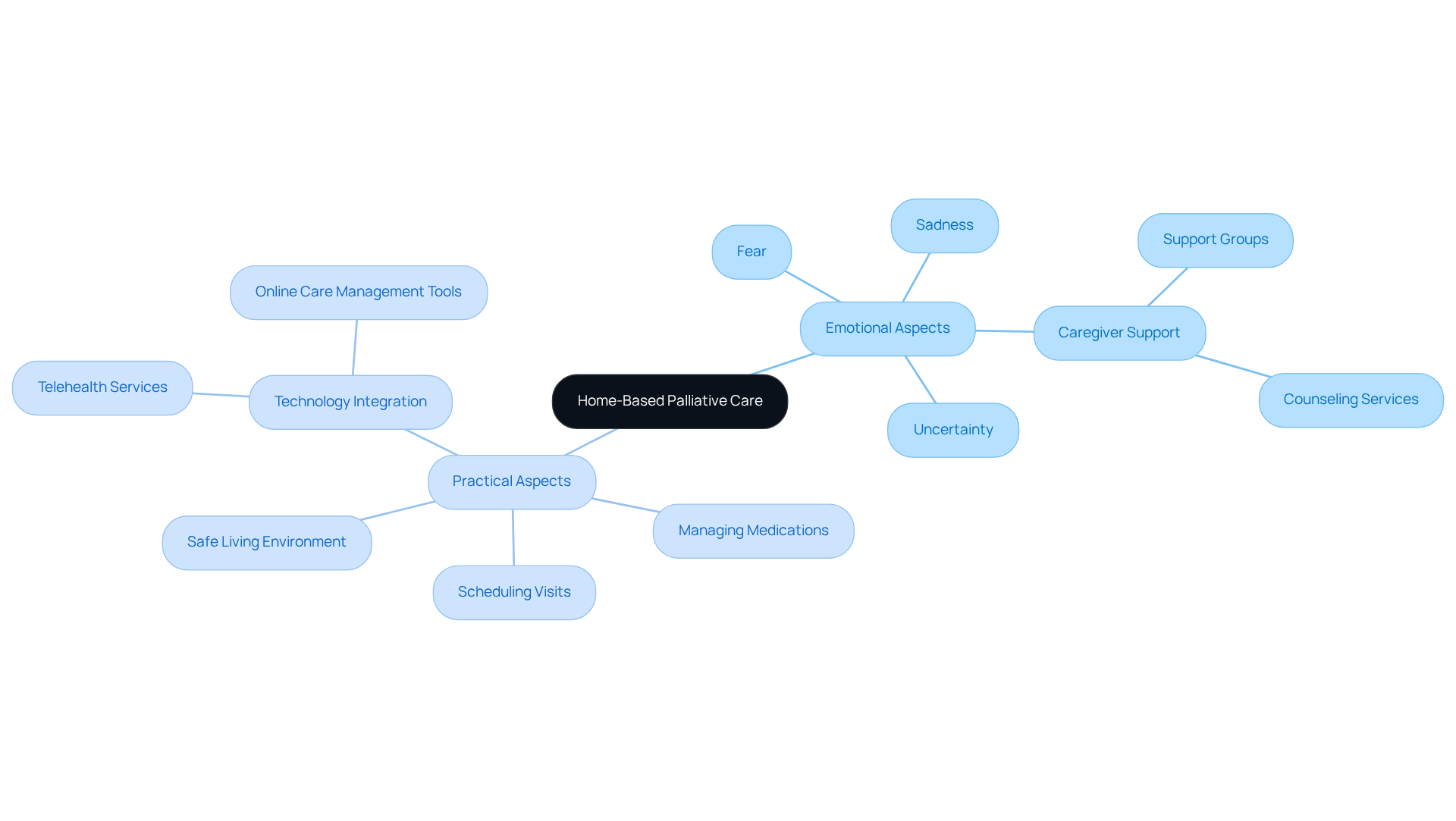 At the center is the main topic of home-based palliative care. Branches represent emotional and practical facets of this journey, showing how they contribute to a supportive environment for families.