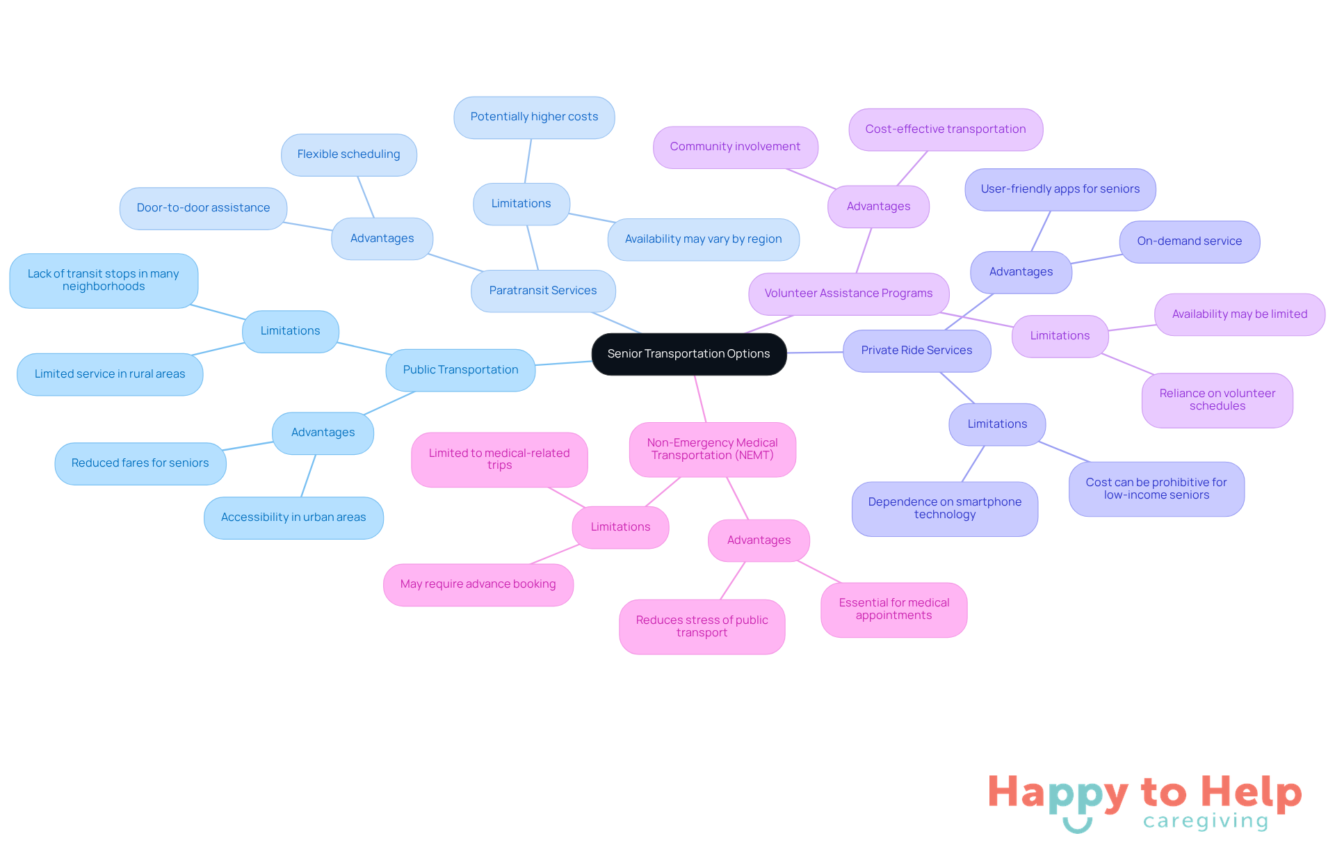 The central node represents the main topic of senior transportation. Each branch shows a different transportation option, with further details on what makes each option unique. This helps families understand which services might best meet their loved ones' needs.