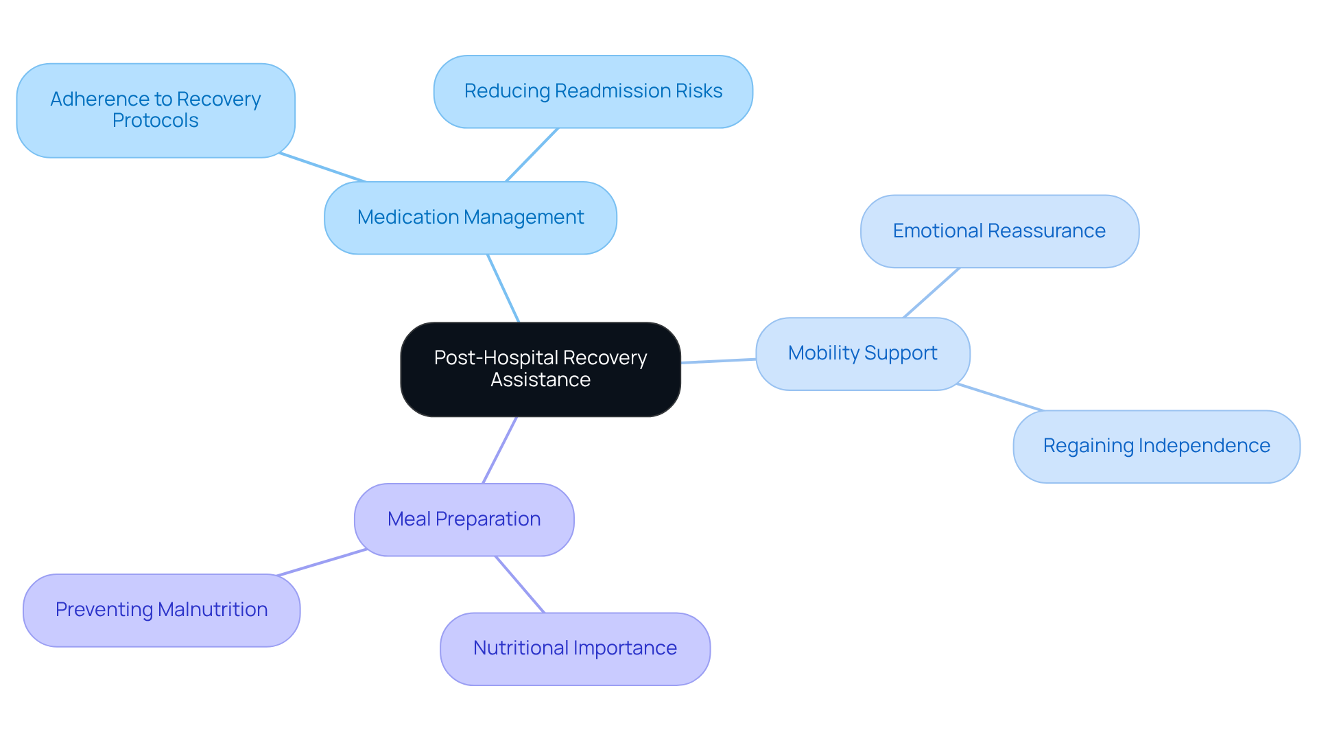 The central node represents the overall support service, while the branches show specific areas of assistance. Each sub-branch highlights key aspects that contribute to the recovery process, helping to visualize how these services work together to support older adults.