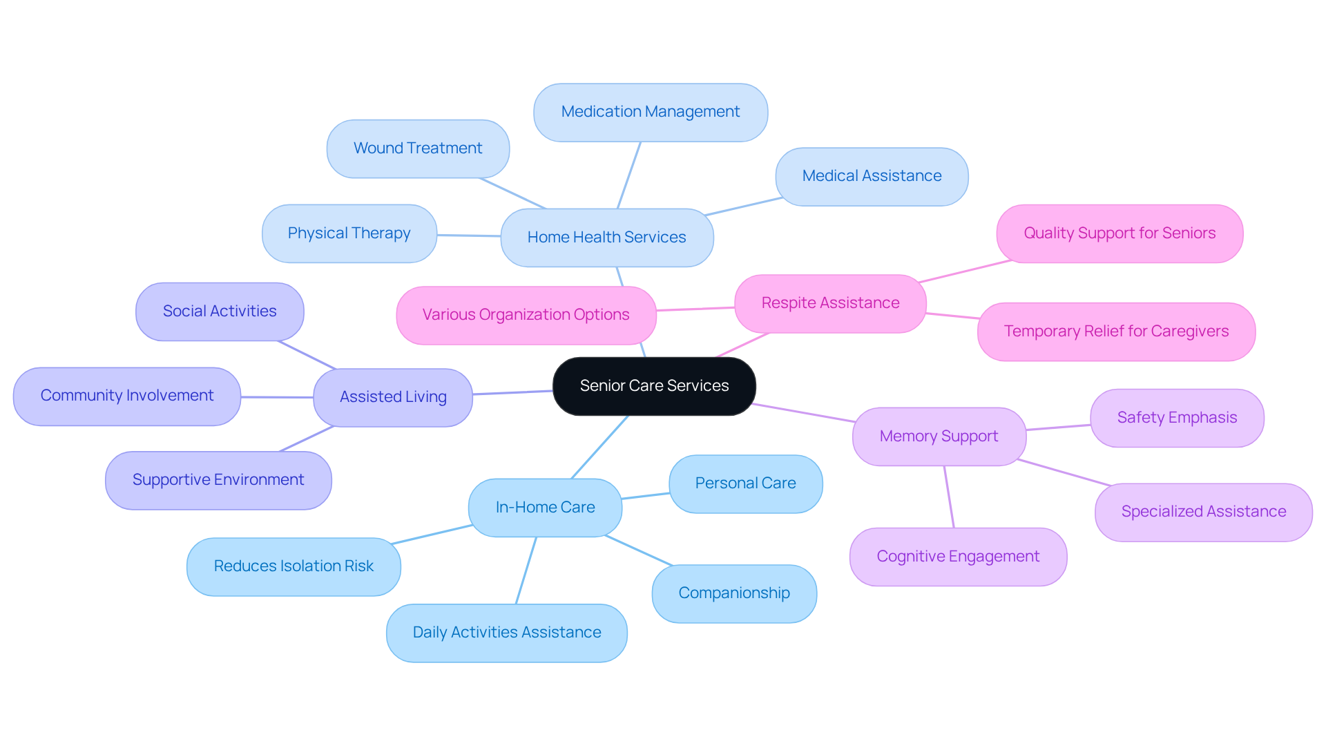 The center represents the main category of services for seniors, with branches illustrating specific types of care. Each branch shows key points about that particular service.
