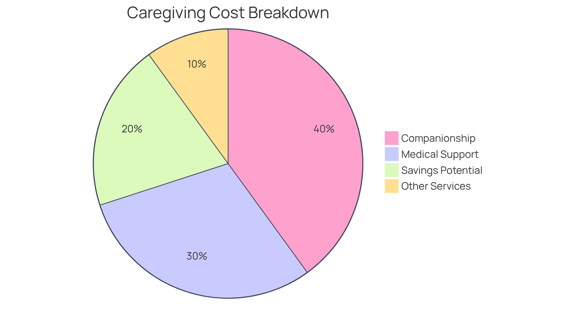 Each slice shows the proportion of total costs for different caregiving needs. The larger the slice, the more it contributes to expenses. The highlighted section shows potential savings from personalized care plans.