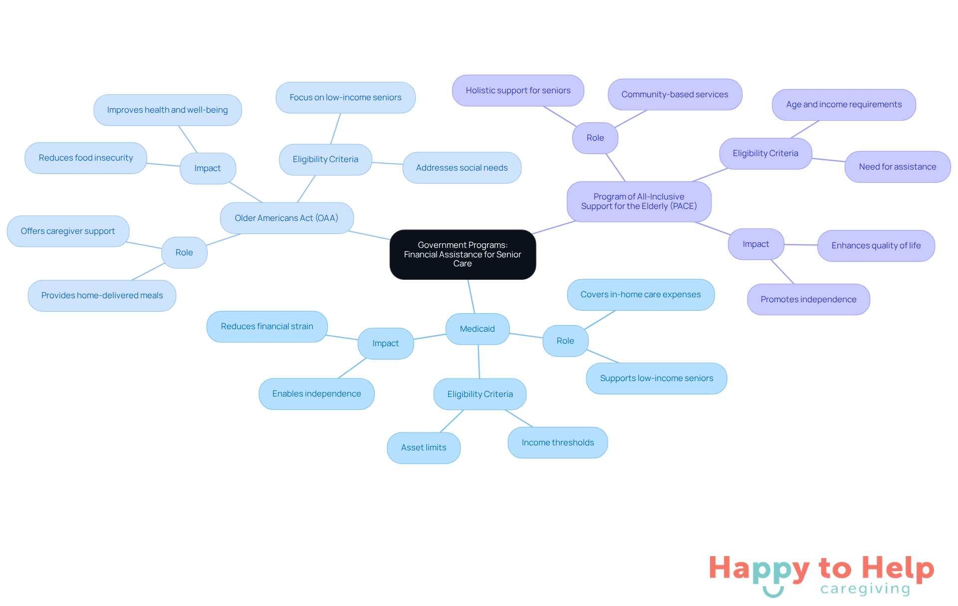 The central node represents the main topic, while branches show different programs and their specific contributions to supporting seniors. Each color-coded branch helps distinguish between the programs and their unique aspects.