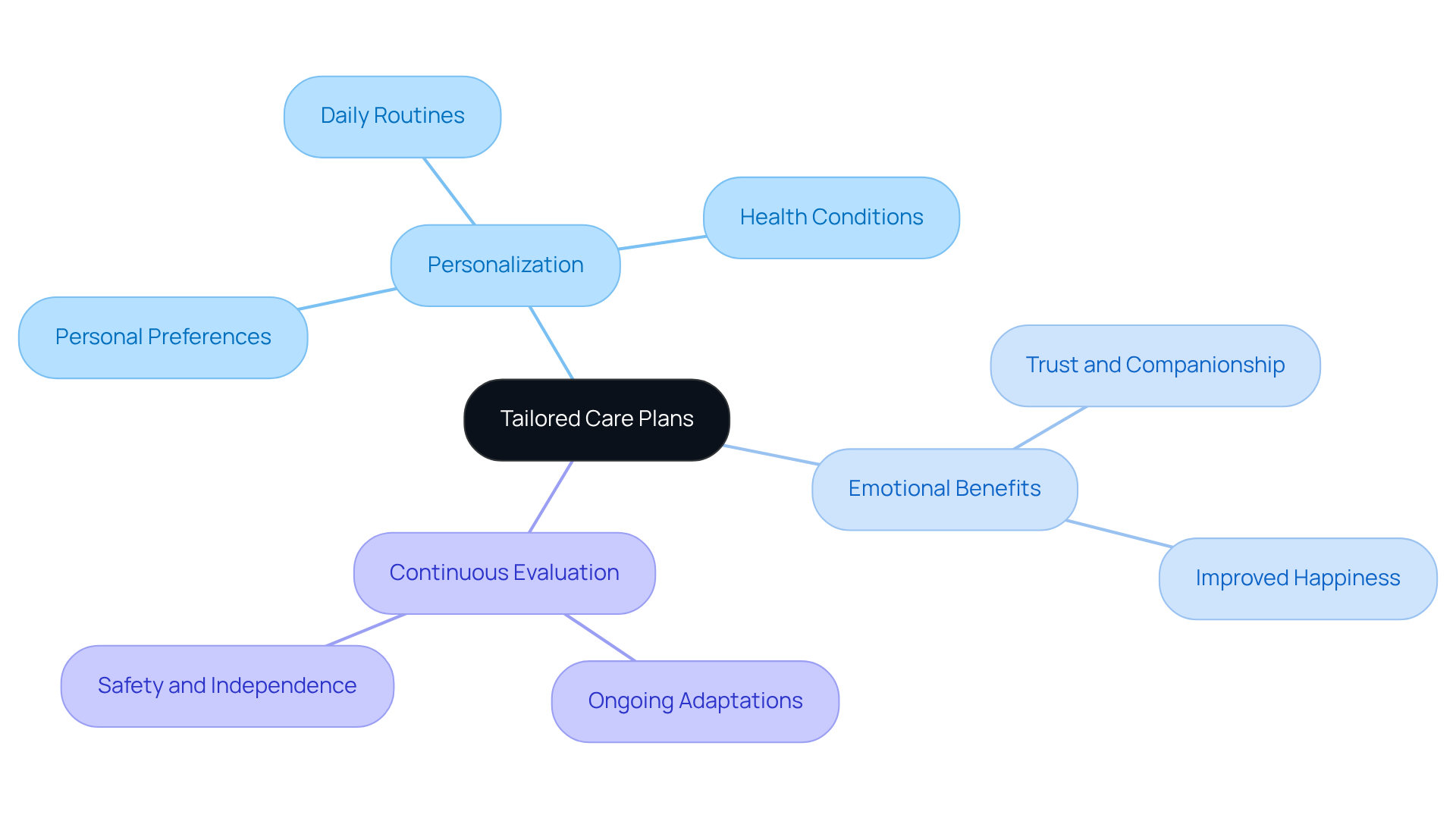 Start at the center with tailored care plans and explore the branches to see how personalization, emotional benefits, and continuous evaluations work together to enhance care for the elderly.