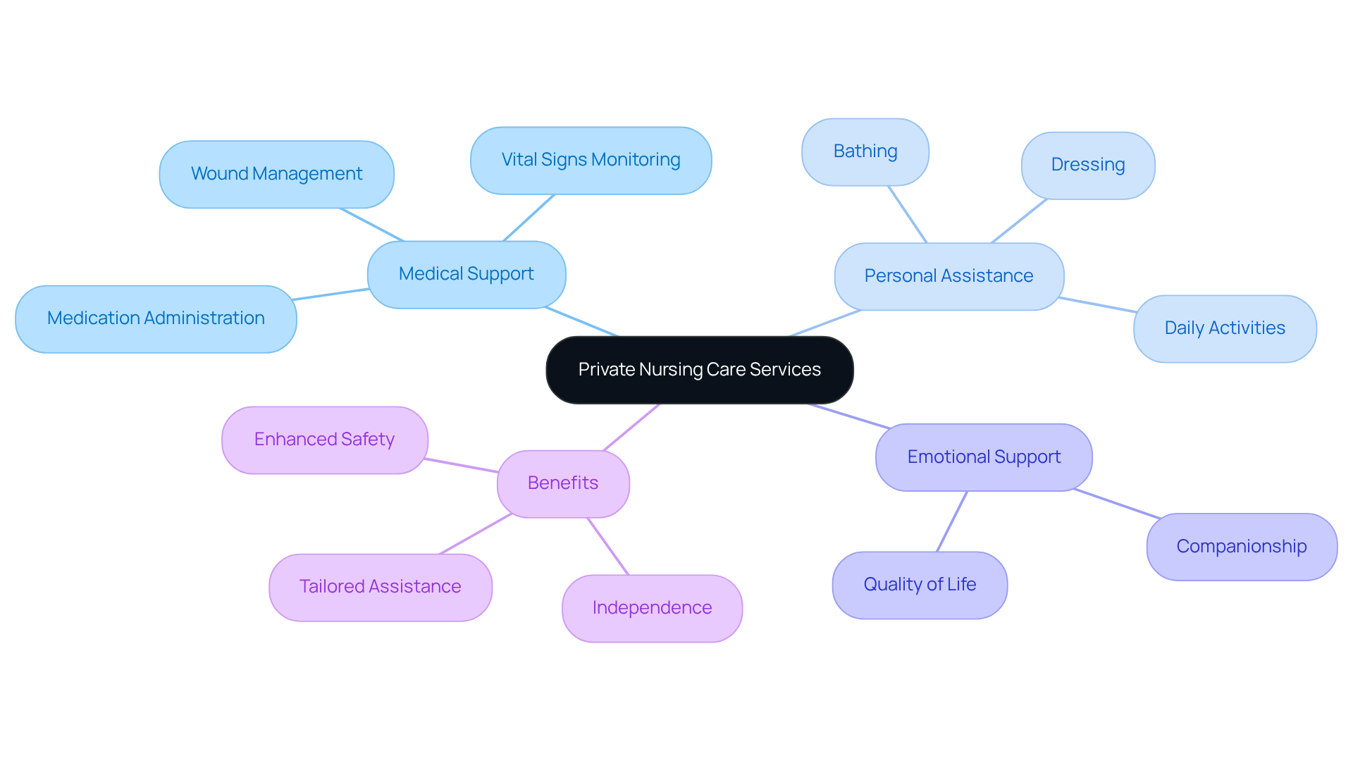 The central node represents private nursing care, with branches showing different types of services and their benefits. Each color-coded branch helps you understand how these services contribute to the overall care experience.
