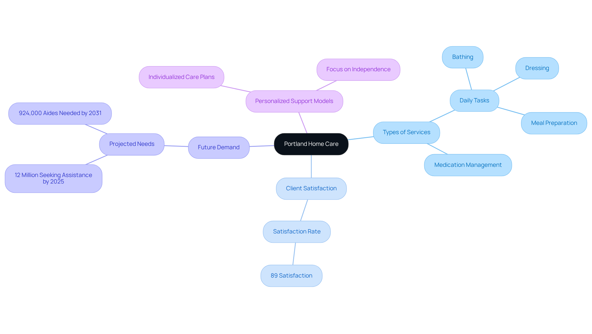 The central node represents the main topic of home care, while the branches show different aspects like services offered, how satisfied clients are, and future needs. Each color-coded branch helps you easily identify and understand the various components of home care.