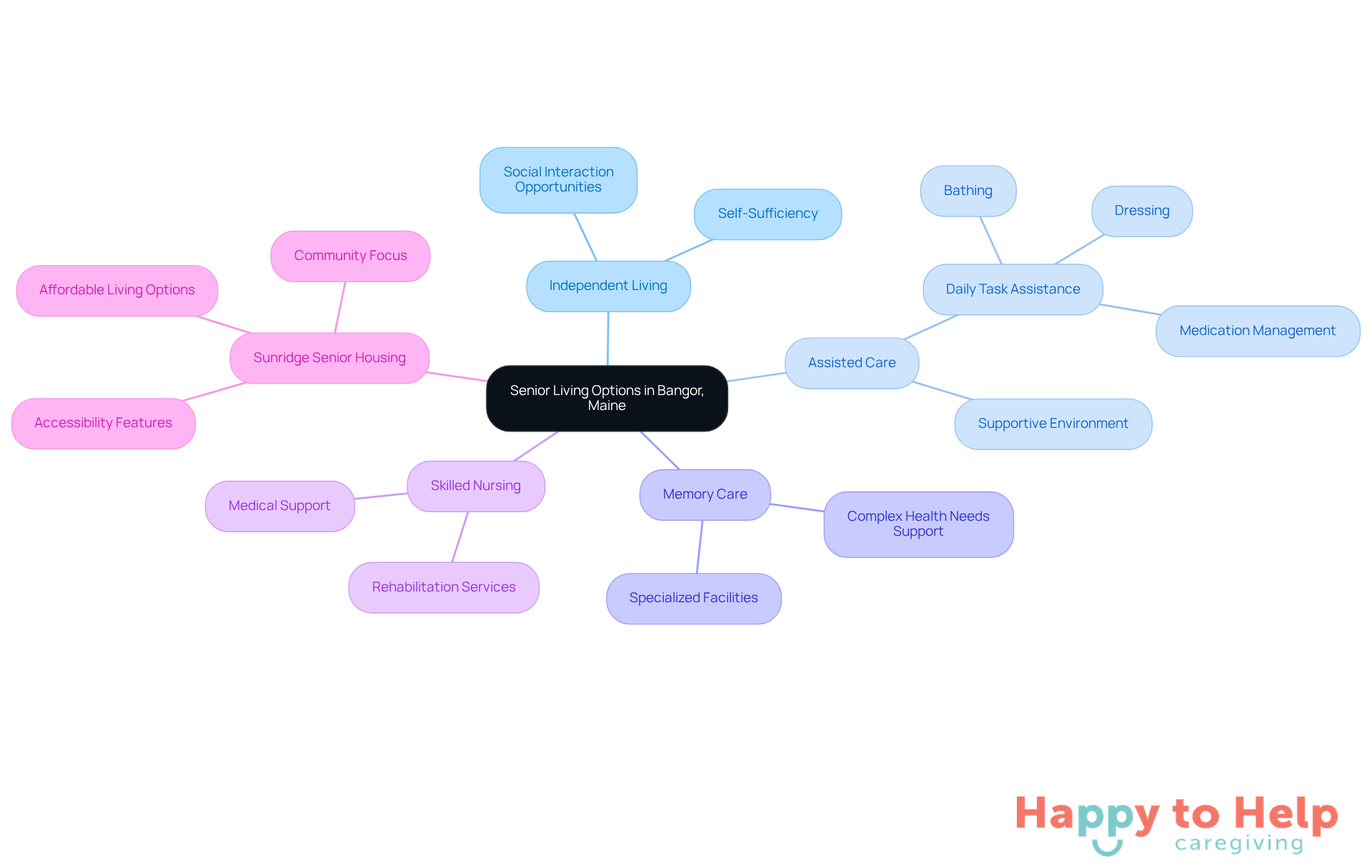 The central node represents the overall topic of senior living options. Each branch shows a different type of living arrangement, with sub-branches providing more details about what each option entails.