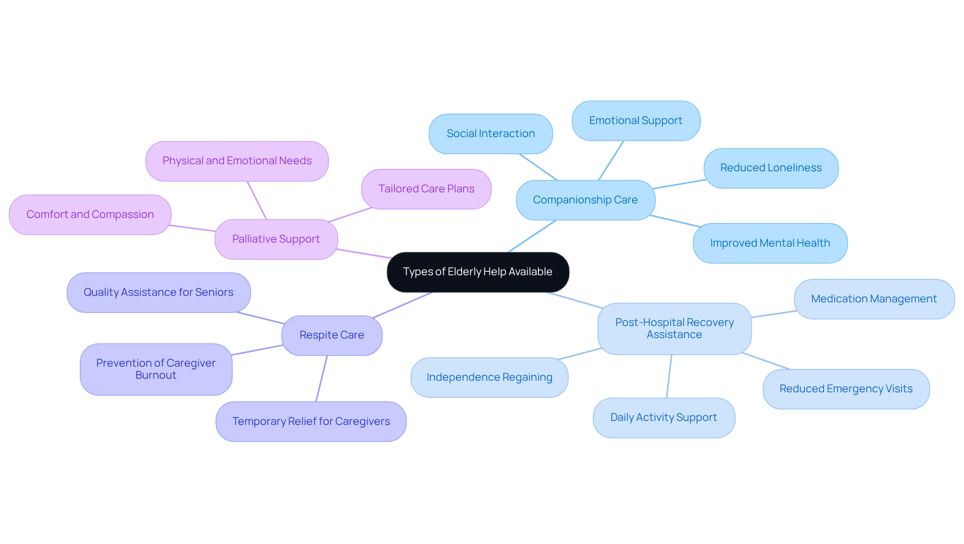 Start at the center to see the main types of elderly help, then follow the branches to learn about each service and how it supports seniors and their caregivers.