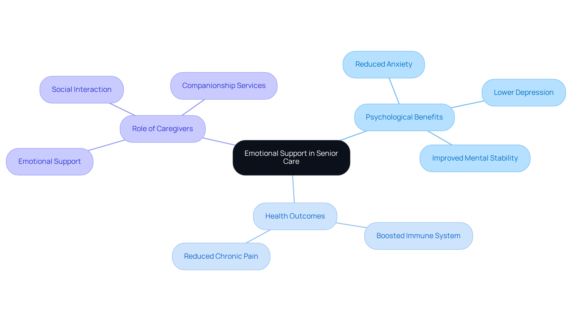 At the center, you'll find the main idea of emotional support. As you follow the branches, you'll discover how companionship positively affects mental health and overall well-being for seniors.