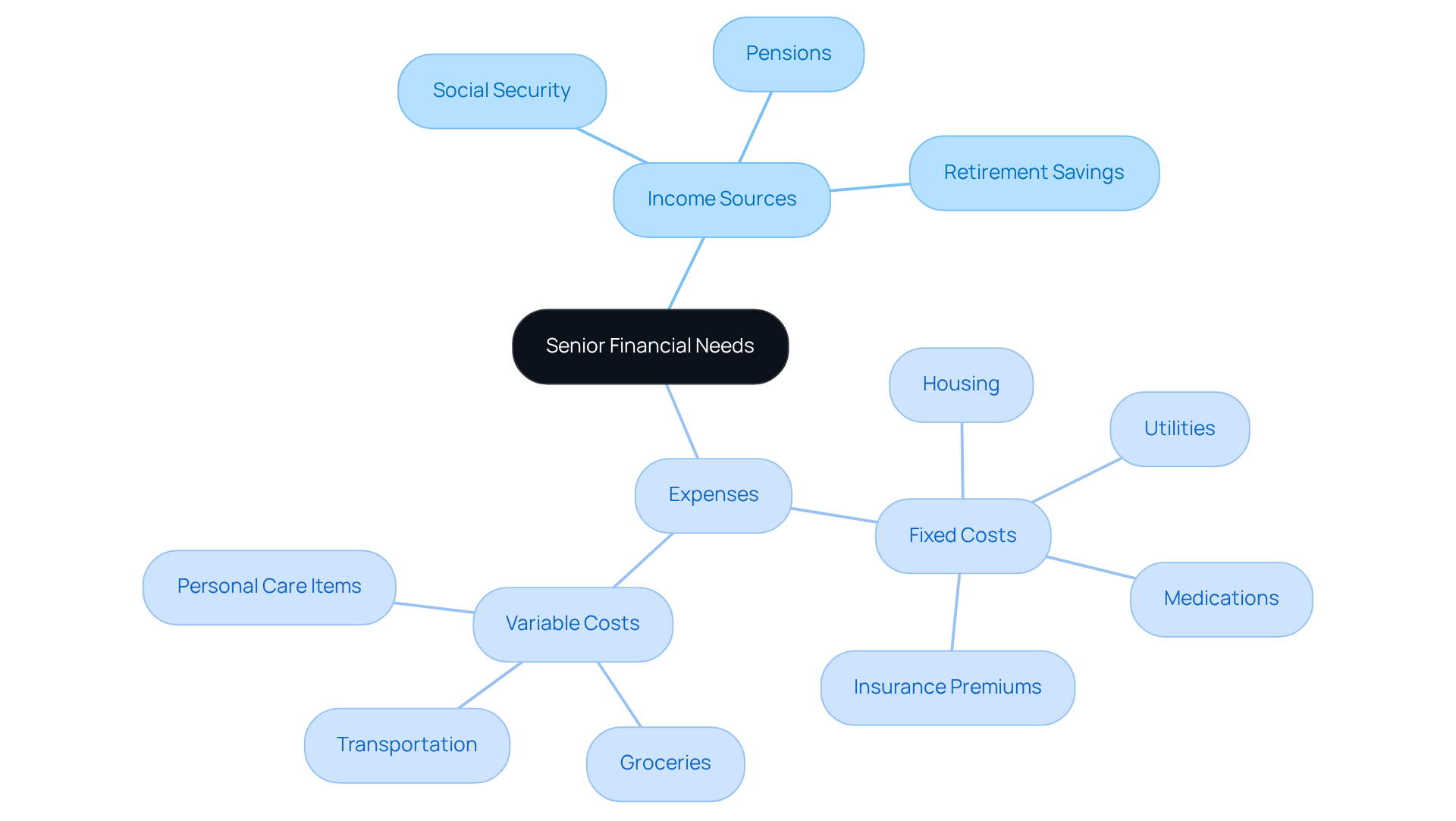 The central node represents the overall topic of senior financial needs. The branches show different income sources and expenses, helping families visualize what to consider when budgeting for older adults.