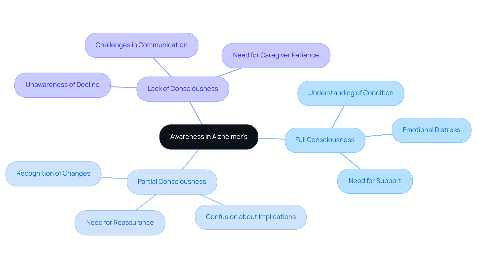 The center represents the overall theme of awareness levels. Each branch shows a specific type of consciousness, and the sub-branches detail the unique challenges caregivers may encounter for each type.