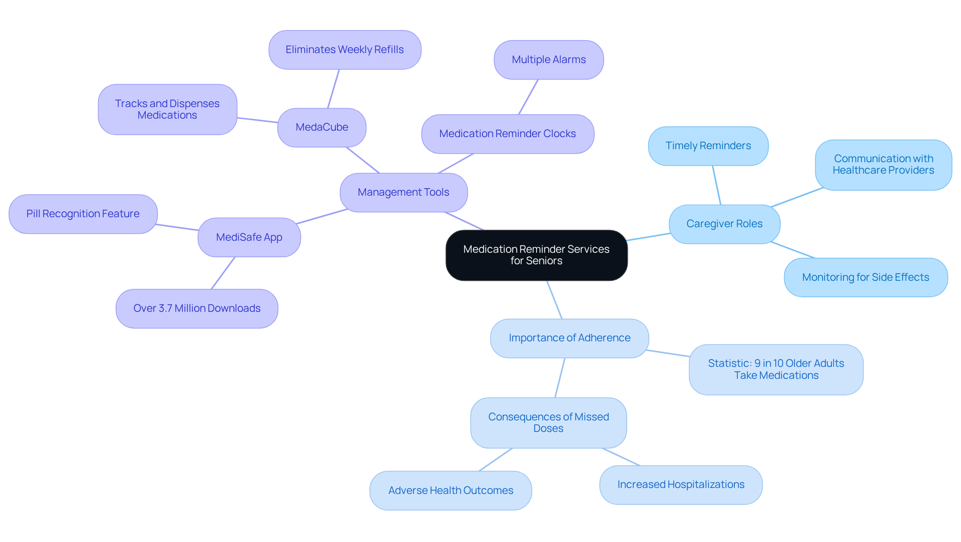 The center node represents the main service, and the branches show important related aspects. Each branch color helps differentiate themes, making it easy to follow the connections between caregivers, medication importance, and management tools.