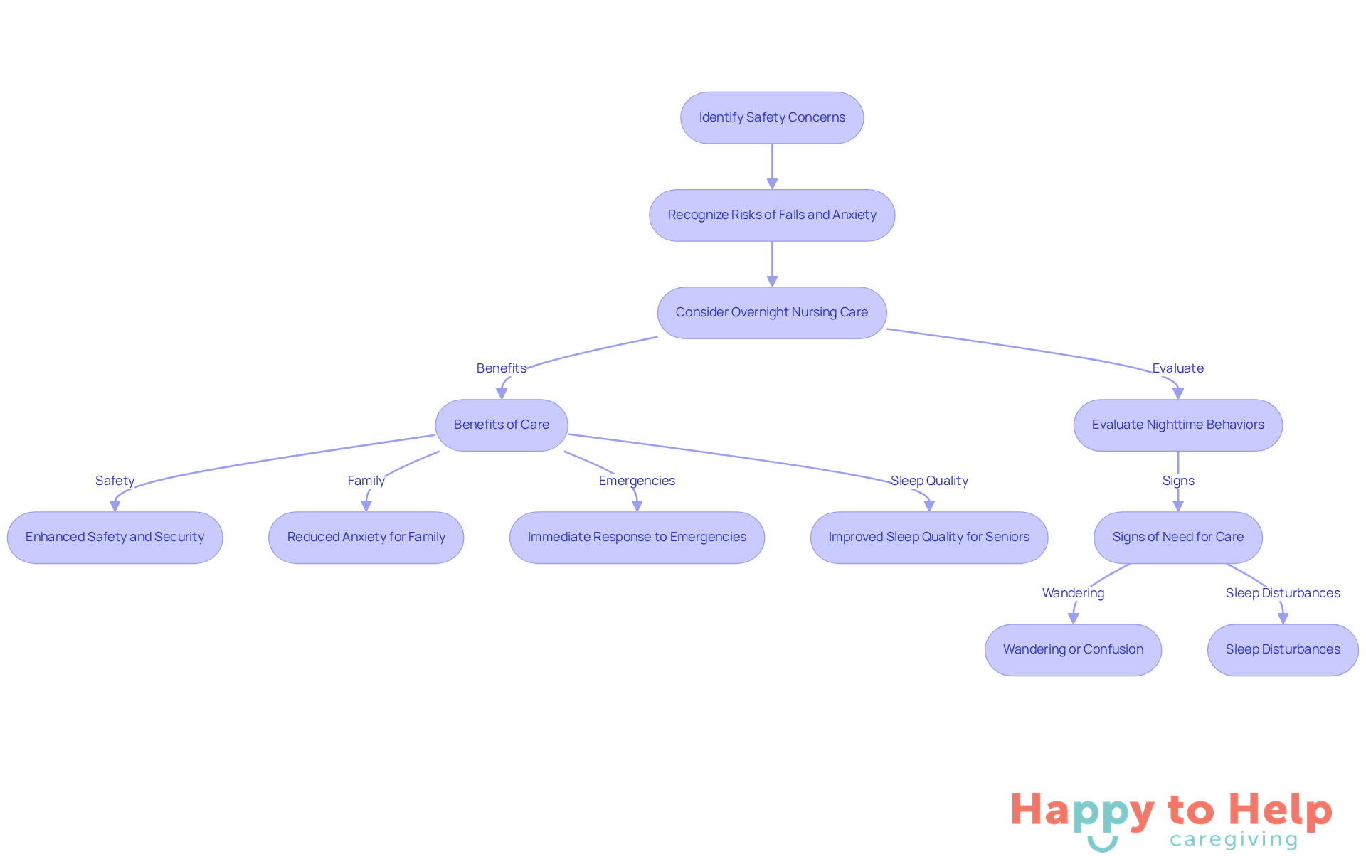 Follow the arrows to see how to assess safety concerns for elderly individuals. Each step guides you through understanding the risks and considering solutions like overnight nursing care.