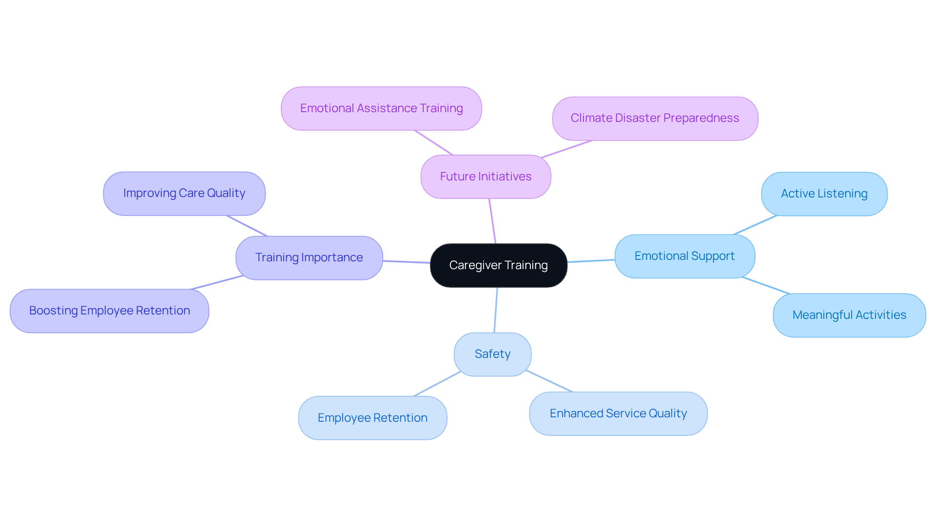 The central node represents the main theme of caregiver training, while the branches show different aspects that contribute to quality care. Each color-coded branch highlights a specific focus area, making it easy to see how they all connect.