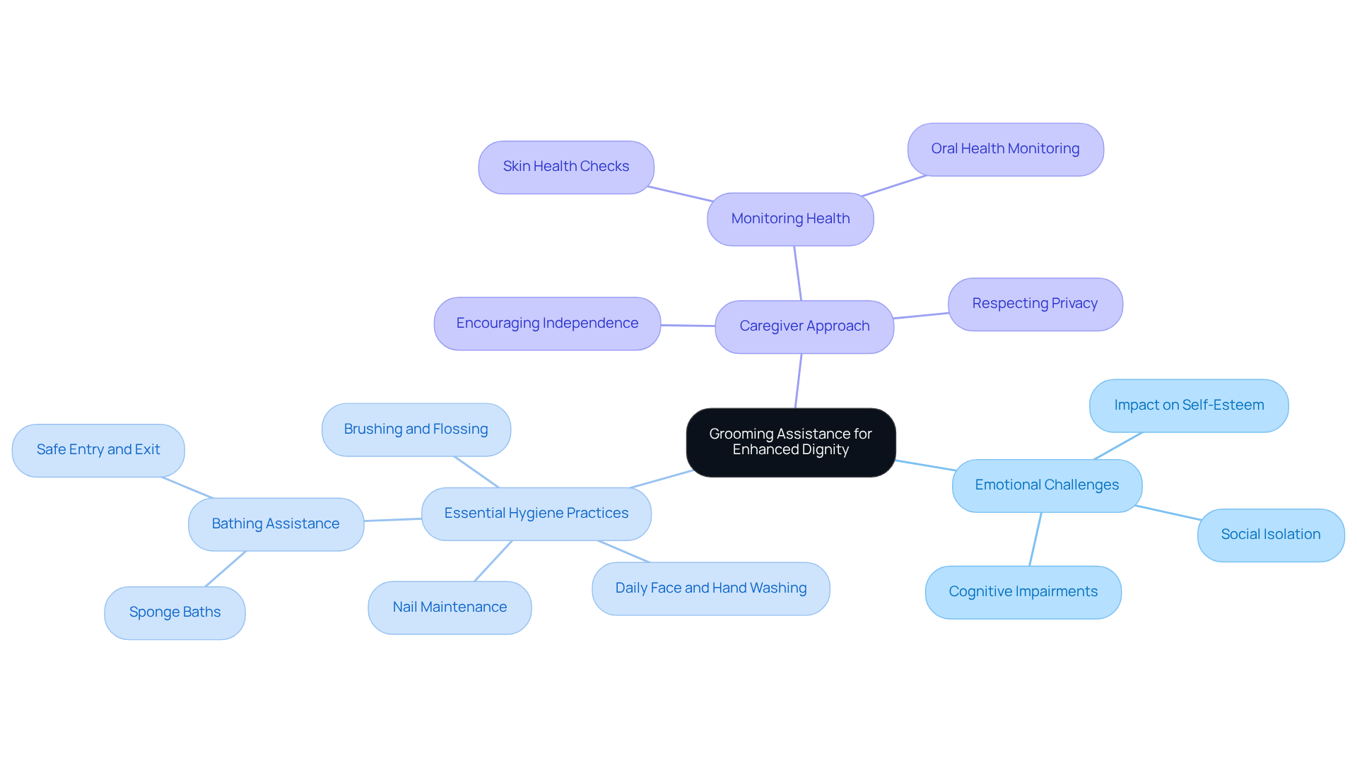 This mindmap starts with the central idea of grooming assistance and branches out to show important practices and their emotional benefits for elderly individuals. Each branch highlights how these activities contribute to dignity and well-being.