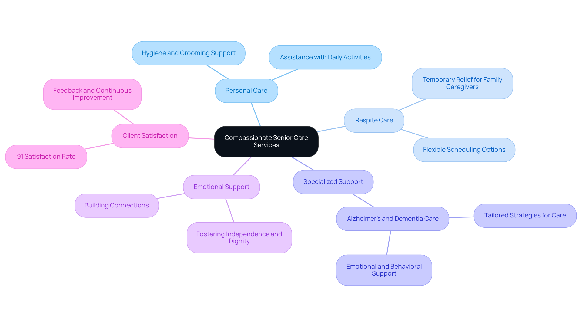 The central node shows the main theme of compassionate care, with branches representing different services. Each branch highlights a specific type of care offered, emphasizing the holistic support provided to elderly clients.