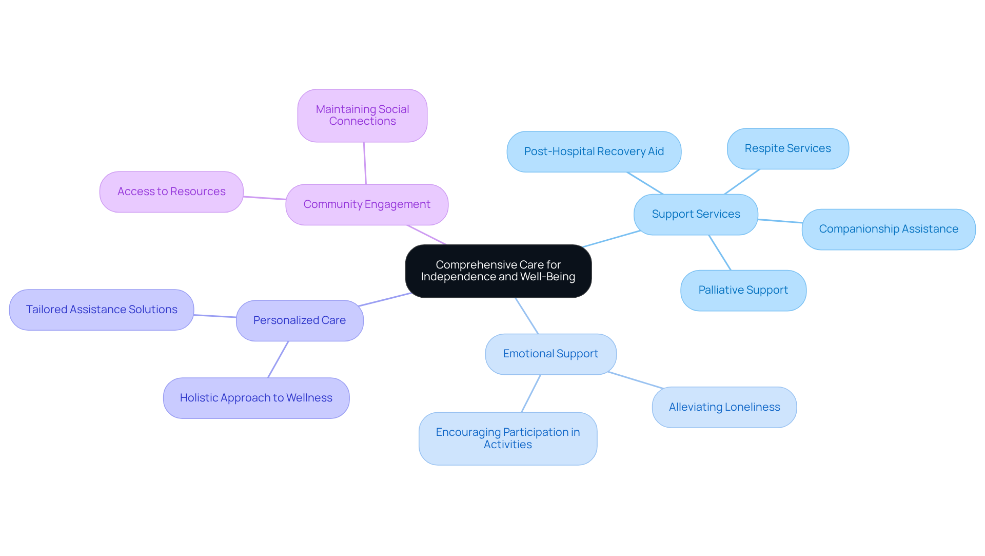 The central node represents the overall goal of care, while the branches show different services and approaches that support older adults in maintaining their independence and well-being.