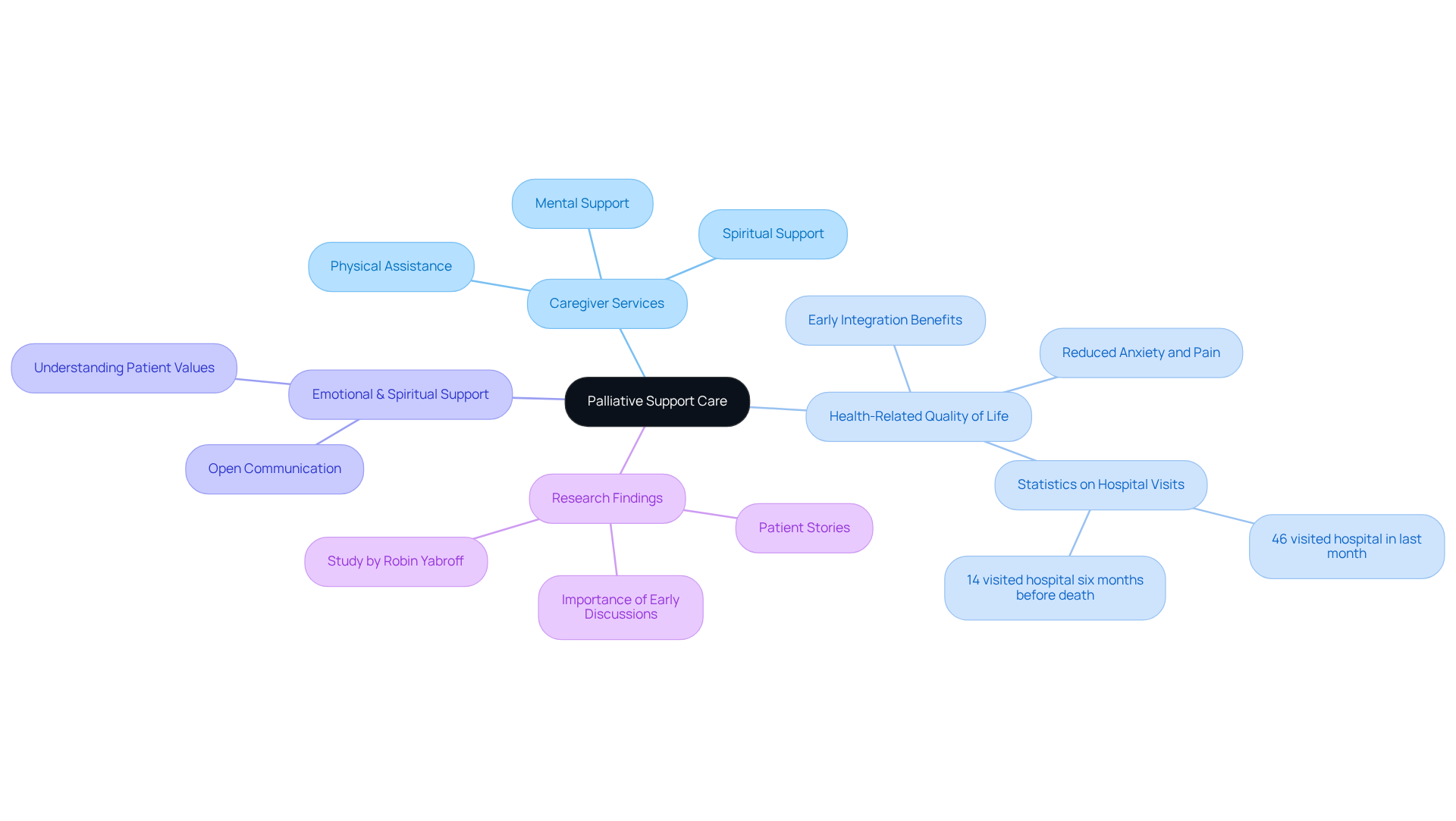 Start at the center with palliative support care, then explore how caregiver services, emotional support, and research findings connect to enhance patient comfort and well-being.