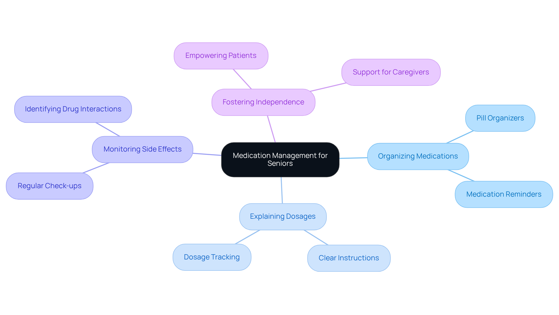 The central node represents the primary focus on medication management, while the branches illustrate the key services and benefits that contribute to supporting elderly individuals and their caregivers.