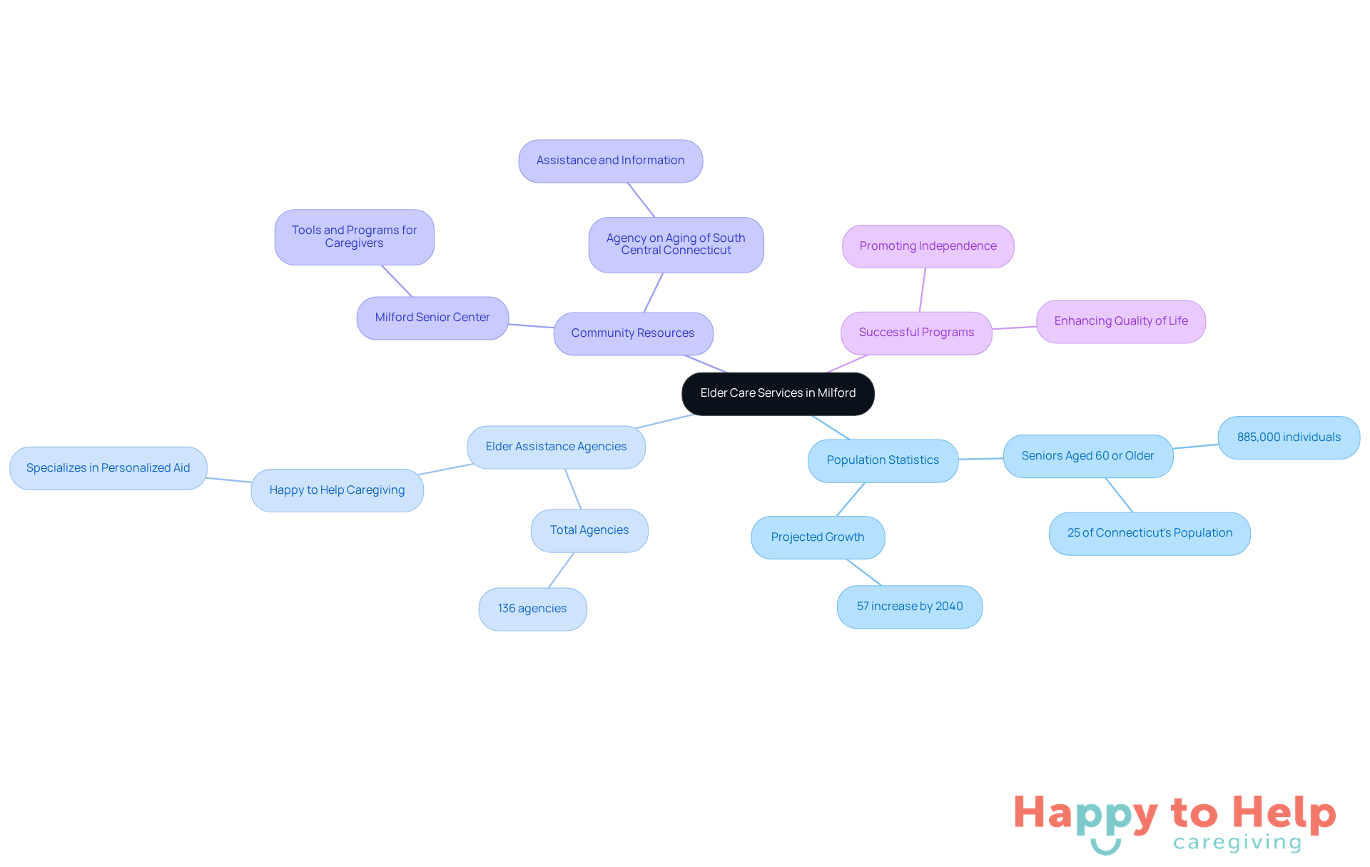 The central node represents the overall topic of elder care services, while the branches show different aspects like statistics, agencies, and resources. Each branch connects to specific details, helping you understand the full landscape of support available for families.