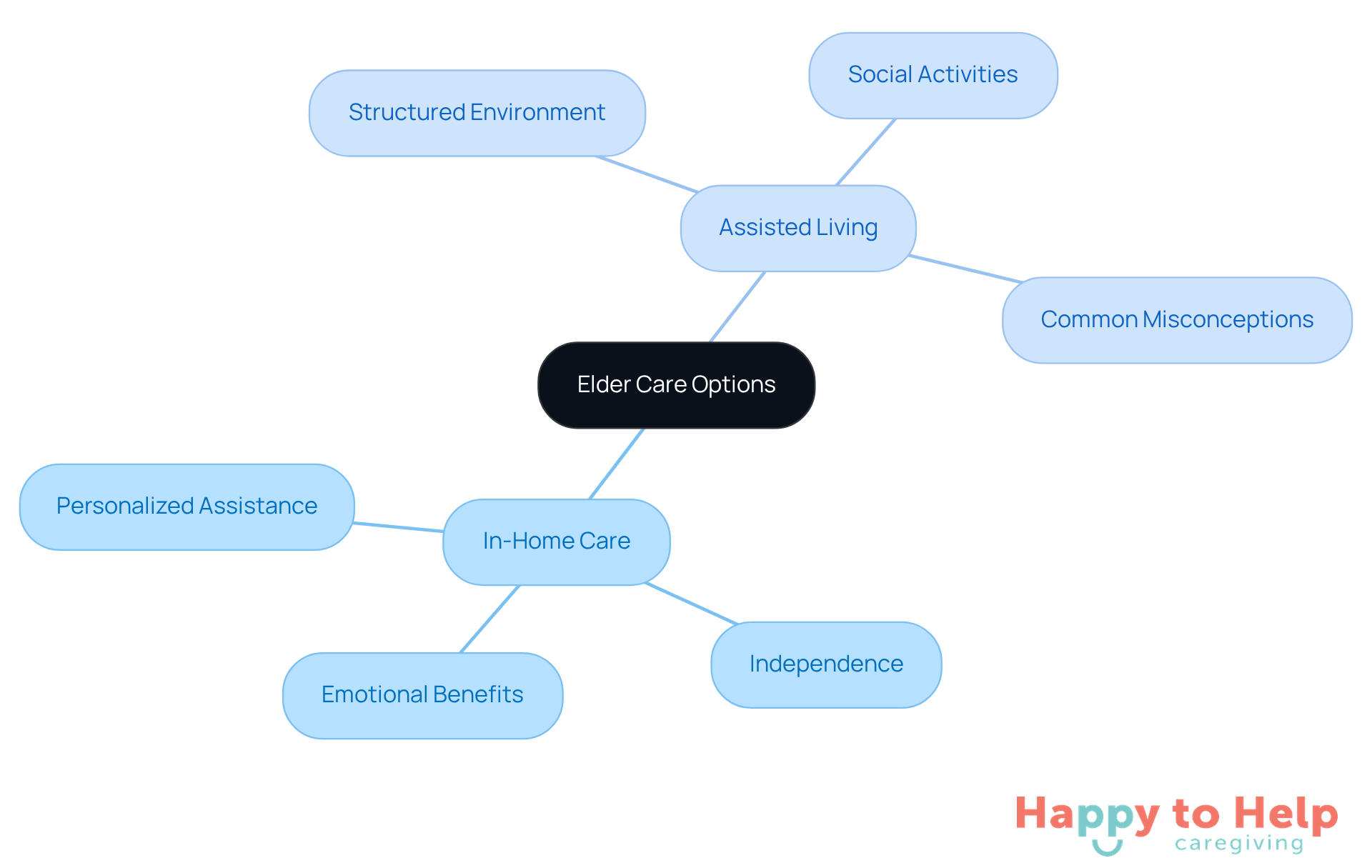 The central node represents elder care options, with branches showing the two main types of care. Each sub-branch highlights key aspects and considerations, helping families understand the differences and make informed choices.