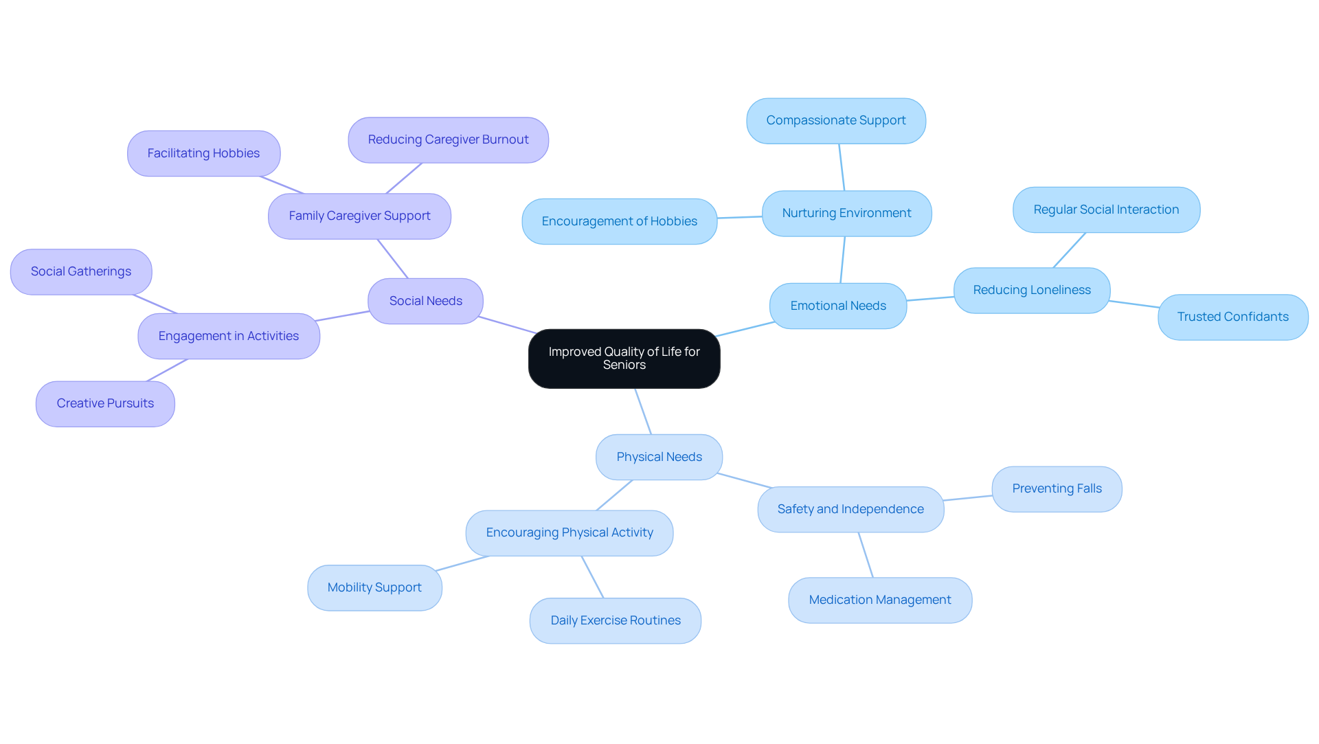 The central node shows the main theme, and each branch represents a key area of support that enhances seniors' lives. Follow the branches to understand how emotional, physical, and social needs are addressed.