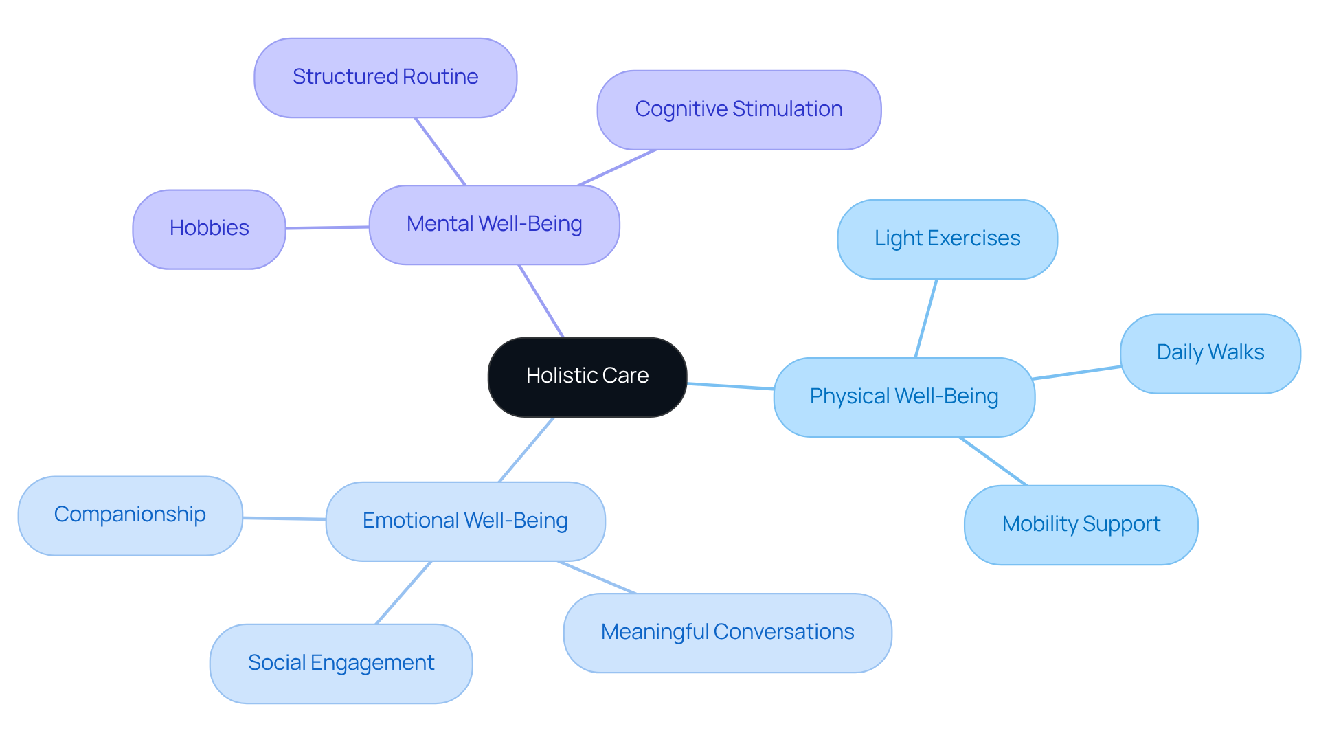 The central node represents holistic care, while the branches show how physical, emotional, and mental well-being are supported through various activities. Each color-coded branch highlights a different aspect of care, making it easy to see how they all connect.