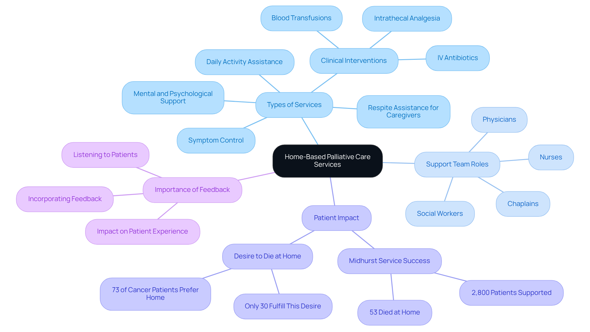 At the center is the main topic of home-based palliative care. The branches show different areas of focus, like types of services and roles of healthcare providers. Each sub-branch provides more details about those areas, helping you understand how these services come together to support patients and families.