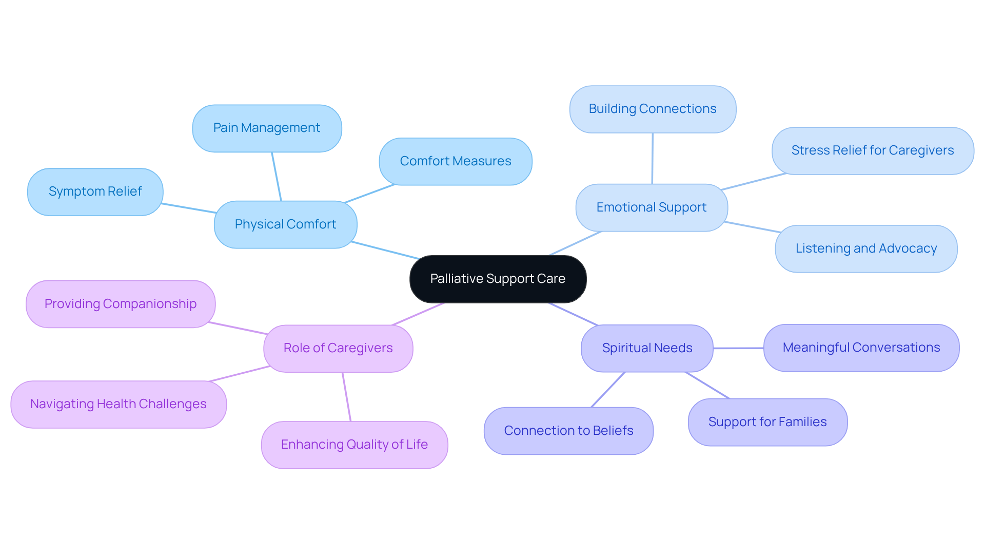 Start at the center with the main concept of palliative support care, then explore the branches to see how physical, emotional, and spiritual needs are addressed, along with the vital role caregivers play.